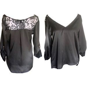 Forever 21 |black 3/4 sleeve satin & back lace top Size M Medium